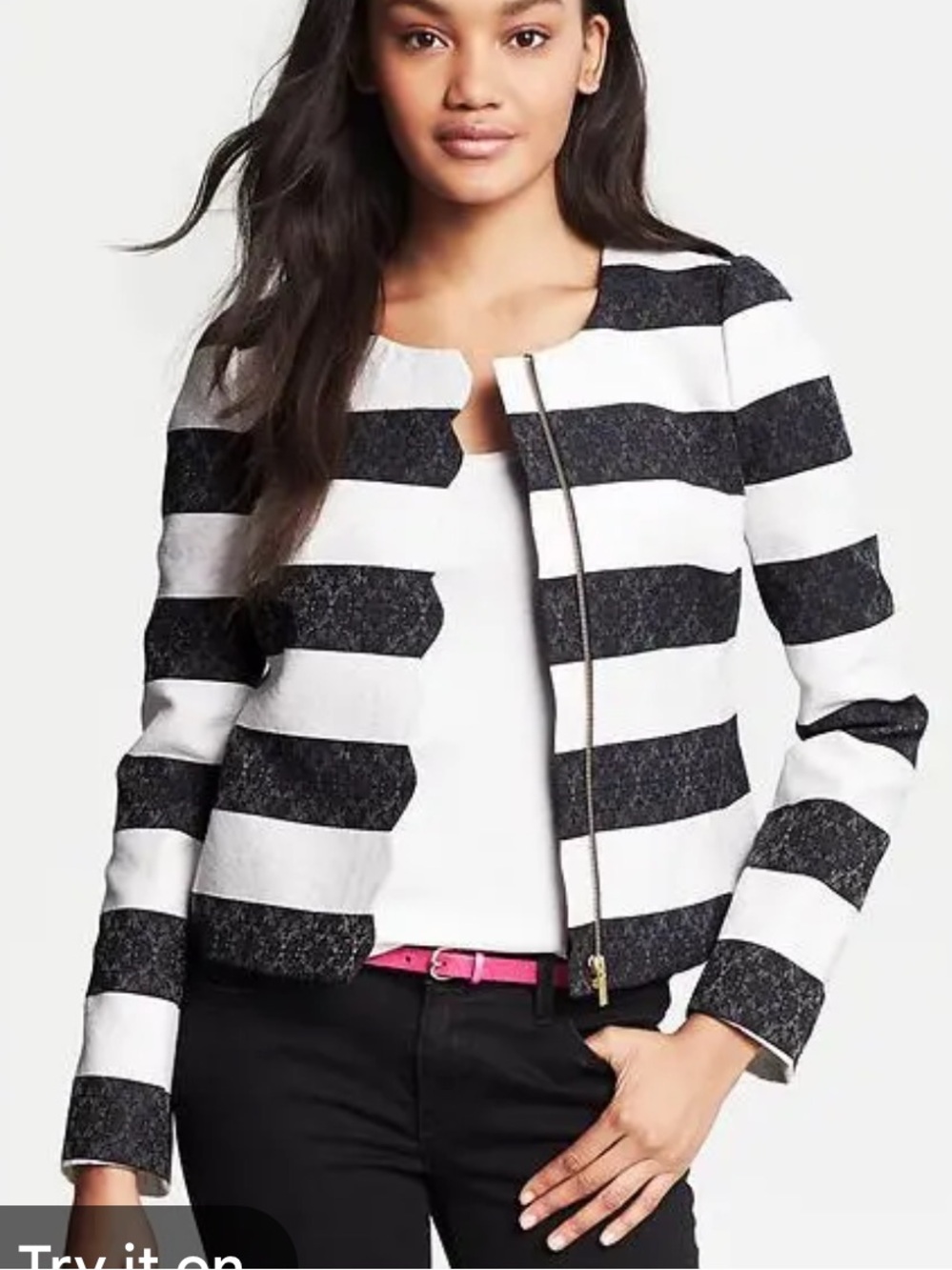 BANANA REPUBLIC Size 8Jacquard Cotton Scallops Zip Long sleeve Stripe Blazer NWT